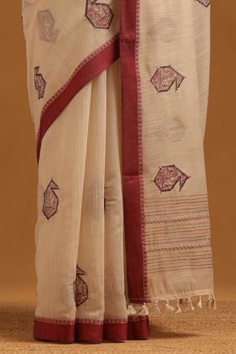 Soch Womens Maroon Chanderi Warli Saree With Hand Embroidery