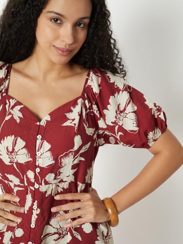Max Women Floral Print A-line Midi Dress(Red_L)
