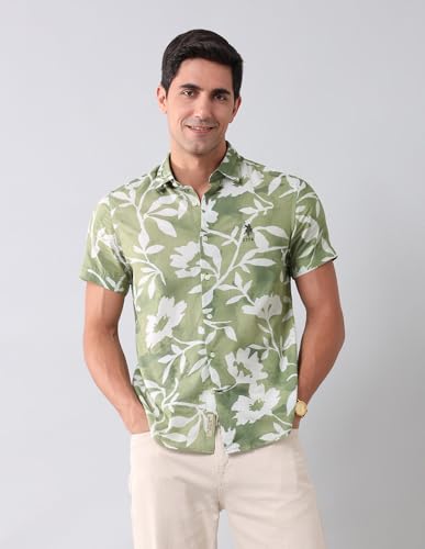 U.S. POLO ASSN. Denim Co. Men's Green Floral Printed Spread Collar Half Sleeve Casual Cotton Regular Fit Shirt (UDSHT1506_Green_39)