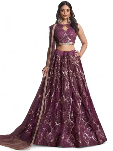 Zeel Clothing Women's Net Semi-Stitched Thread Sequins Work Embroideredry Soft Lehenga Choli with Dupatta (NFH-2206-Wine--Lehenga-Choli-Latest; Free Size)
