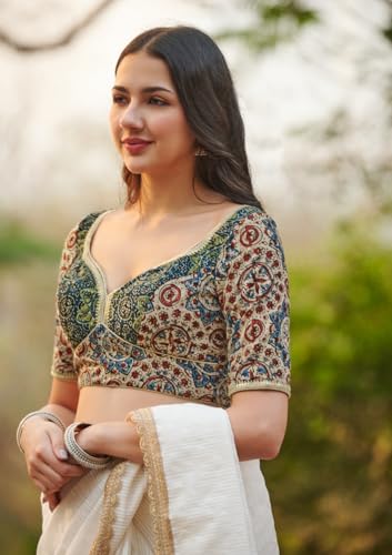 SALWAR STUDIO Beige Ajrakh Pure Cotton Sweetheart Neck Readymade Blouse