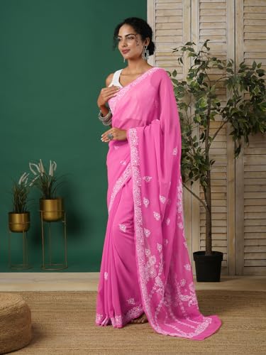 Ada Hand Embroidered Lucknow Chikan Faux Georgette Women's Chikan Saree With Blouse A130252 Pink
