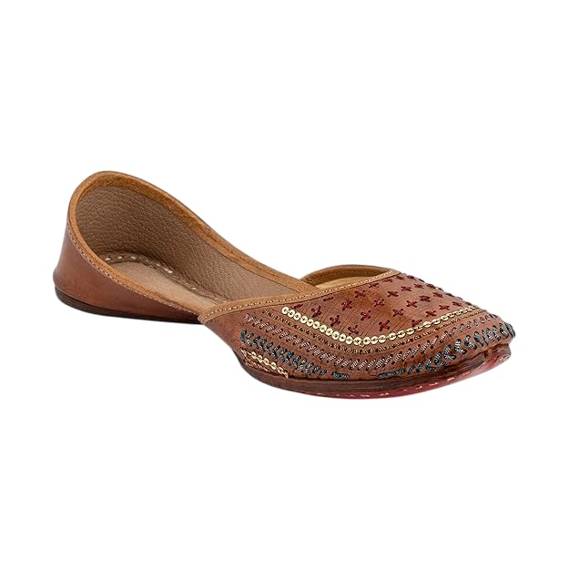 KORAKARI Women's Traditional Ethnic Walnut Coffee Punjabi Jutti, Leather Flat Comfortable Mojaris for Girls (Size: UK3, Tan)