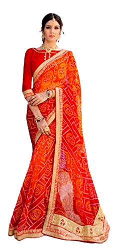HerClozet Georgette Lahariya Gota Patti Saree (Red,golden)