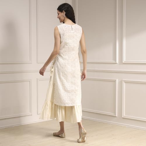 Biba Women's Cotton Embroidered Straight Kurta (SKDSCHIFFLI10573SS25OWH_Off White