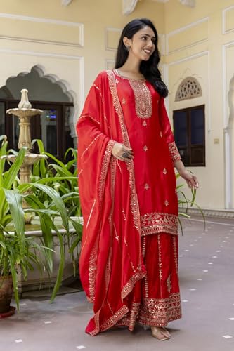 Leeli Peeri Designer Women's Chinon Silk Embroidery Kurta Sharara Set With Dupatta