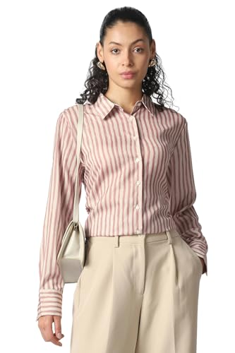 Women Pink Stripe Long Sleeves Formal Shirt