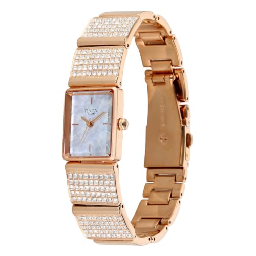 Titan Raga Unlocked Quartz 3 Hand Shaped White Mother of Pearl Dial, IP Rose Gold Strap Watch for Women - 2828WM01F