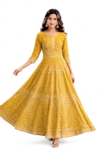 RIDDHI SIDDHI LTD Women's Yellow Anarkali Gown with Chikankari Embroidery