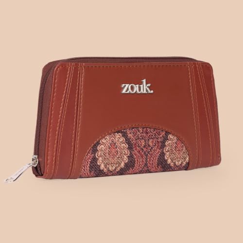 ZOUK Arika Zipper Wallet for Women | Card Holder Wallet with 10 Card Slots, Coin Pouch & Cash Compartments | Purse for Women Stylish | Fits Phones up to 6.7” | Jodhpur Damask