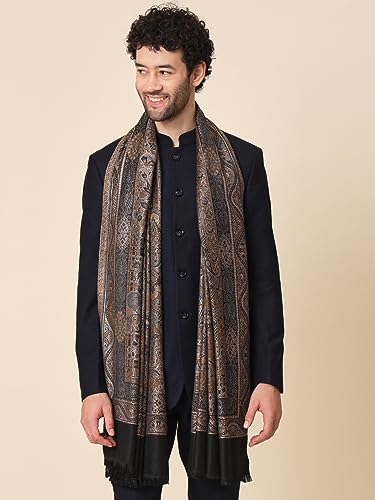 Zamour Polyester Blend Faux Pashmina Soft Jamawar Woven Shawl For Men (Golden Black)