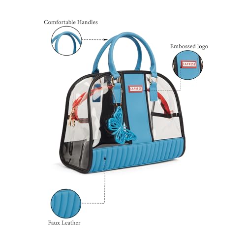 Caprese Madonna Satchel Bag Large | Stylish Transparent Handbag with Butterfly Charm for Women with Adjustable & Detachable Sling Strap, Top-Handles & Zip Closure | Perfect for Casual Use (Blue)