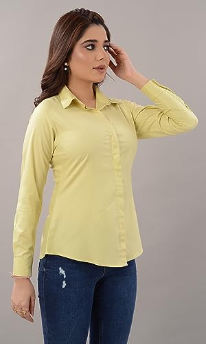 QUEEN SHIELD Women's Giza Cotton Formal Shirt with Buttoned Closure & 3/4 Sleeves(40Lemon7295)