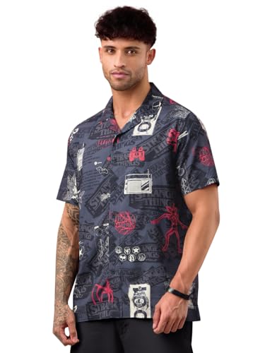 The Souled Store Stranger Things: The Other Side Men and Boys Short Sleeve Cuban Collar Dark Blue Graphic Printed ViscoseTrendy Regular Fit Casual Holiday Shirts