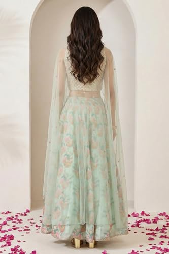Wishful Women's Sea Green Embroidered Blouse with Printed Flared Skirt and Embroidered Jacket Set - (SP13601-225005-XL)