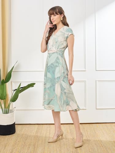 Latin Quarters Women's Green Cap Sleeves V-Neck Casual Printed Dress_S