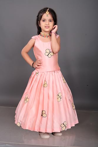 FELIZ THE DESIGNER STUDIO Kids Embroidery South Indian Traditional Pattu Pavadai Silk Blend Readymade Lehenga Choli Dress For Girls-Baby Pink-6-7 Years