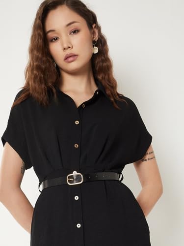 Max Women Solid Shirt Dress with Belt (Black_L)