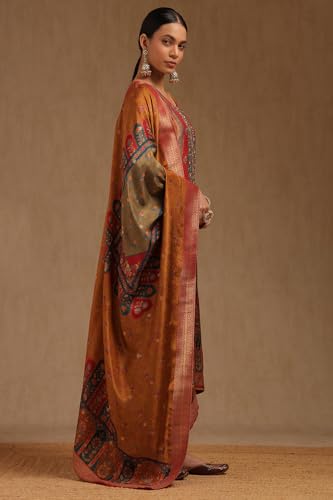 Soch Womens Mustard Brocade Floral Print Suit Set With Sequins