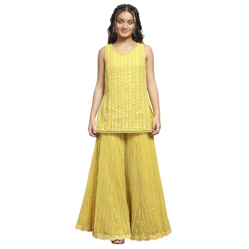Biba Girls Yellow Polyester Dyed Straight Sharara Suit Set_16-17Y