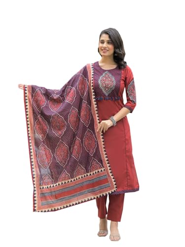 Divena Maroon Cotton Round neck Yoke work kurta Pant Set With Dupatta