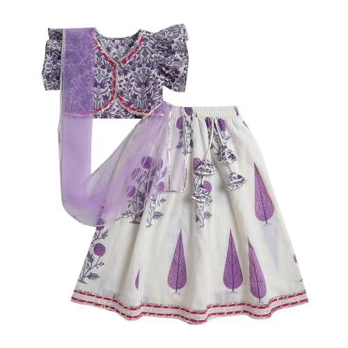 Hopscotch Girls Short Sleeves Purple 3-Pc Floral Lehenga Set For Age (2-3 Years)