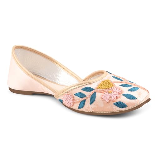 Froh Feet Ethnic Jutti for Women Traditional Handmade Fulkari Jutti Slip-On Shoes Bellies for Women Wedding party Festival Occasion - Peach
