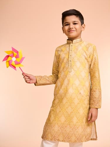 Manyavar Boys Cotton Blend Bandhani Printed & Thread Embroidery Kurta Pyjama Set (Mustard,4-5Y)