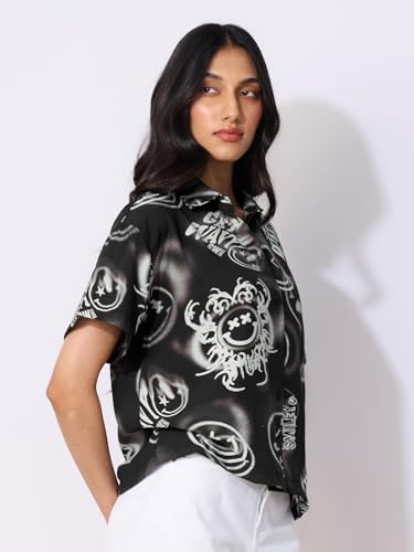The Souled Store Smiley: Shadow Haze Women and Girls Short Sleeves Collared Neck Button Front Black Printed Viscose Blend Regular Fit Holiday Shirts