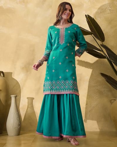 SheWill Firoji Poly Chinon Zari Sequence Thread Embroidered Kurta With Sharara And Dupatta (SHEKS10335_ANANT_A)
