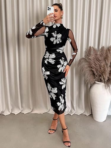 FASHION YARI Women's Summer Mesh Sheer Long Sleeve Midi Ruched Bodycon Dress Mock Neck Elegant Evening Party Cocktail Dresses Black