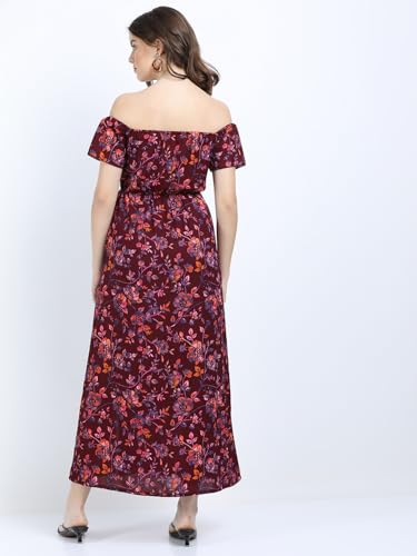 Tokyo Talkies Women Off Shoulder Neck Short Sleeve Maxi Dress TTJ6010774 Maroon S