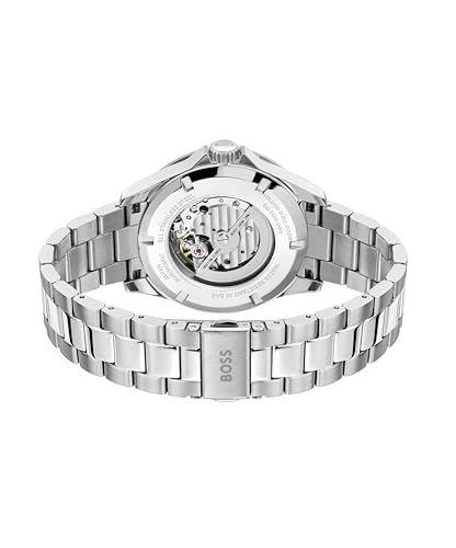 BOSS Troper Men's Automatic Mechanical Watch, Stainless Steel, 10ATM/100m Water Resistant - Stylish, Durable Timepiece - Self-Winding - Gift for Him, 43mm, Silver-Green, bracelet