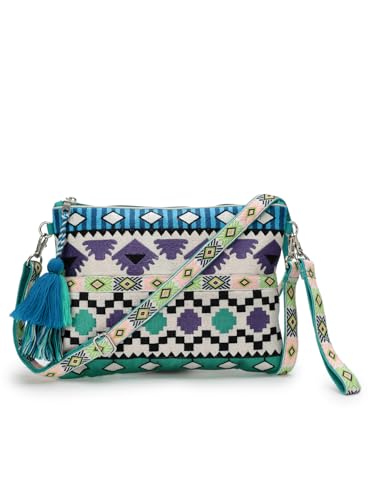 Anekaant Tribal Turquoise & Multi Acrylic Jacquard Ethnic Motifs Embroidered Sling Bag
