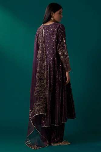 Wishful Women's Purple Embellished Dotted Jacquard Flared Kurta with Pants and Dupatta Set (SP12859-314546-M)