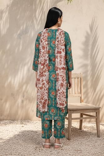 W for Woman Green Floral Printed Rayon Straight Kurta with Straight Pant and Dupatta Set (WS13526-127092-L)