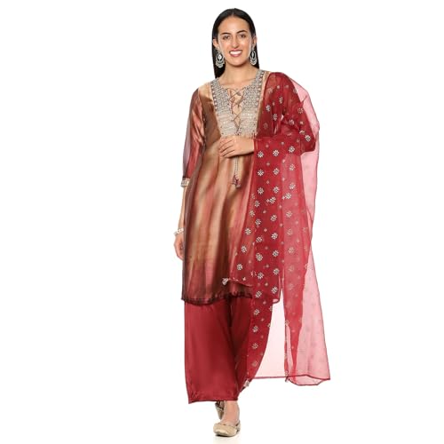 Rangriti Women's Gold Crepe Georgette Straight Printed Kurta Palazzo Suit Set_46