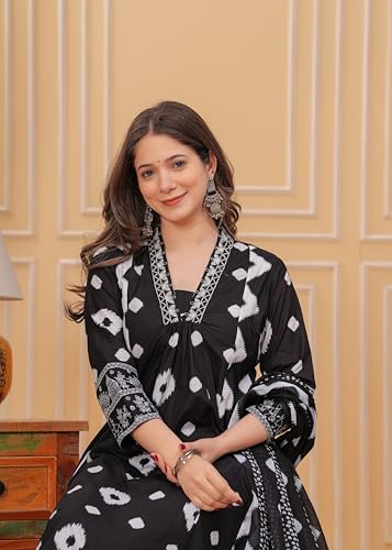 Manojava Women's Kurta with Palazzo and Dupatta Set, Traditional Indian Ethnic Wear, 3 Piece (IN, Alpha, XL, Regular, 3, BLACK)