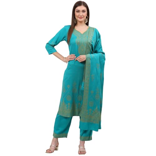 Rangriti Women Polyester Blend Yarndyed Suit Set (RSKWINTERW17223_Turquoise_M)