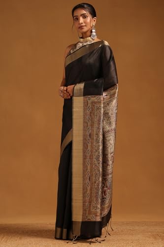 Soch Womens Black Tussar Madhubani Printed Saree