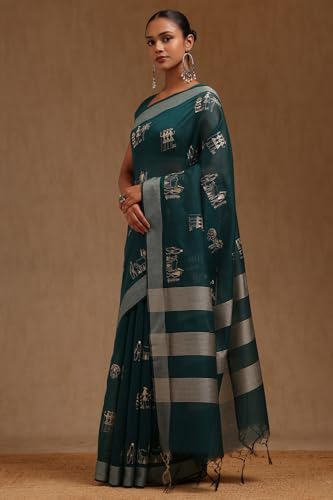 Soch Womens Teal Chanderi Warli Print Saree With Thread Work