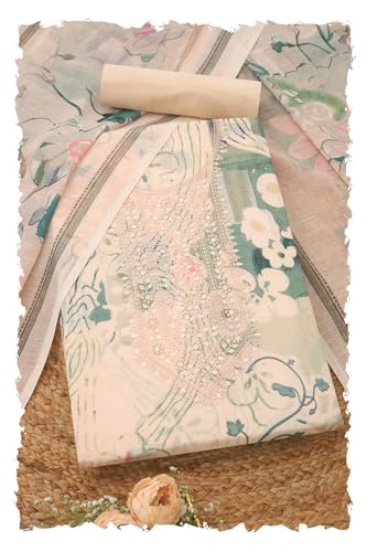 Soch Womens Cream Linen Blend Floral Print Unstitch Dress Material With Sequins