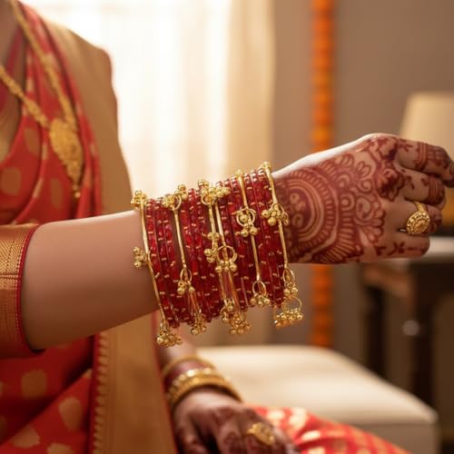MM JEWELS Kashmiri Red Glass Bangles Set with Ghungroo Latkan for Women & Girls | Traditional Gold-Plated Bridal Churi set for Wedding & Festival | Ethnic Handcrafted Jewelry with Jingle Bell Hangings (Set of 16) (Red, 2.4)