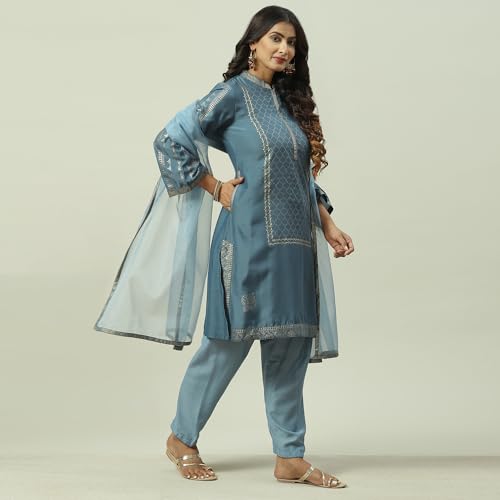 BIBA WOMEN PRINTED SALWAR KURTA DUPATTA(SKD7751E_SKY BLUE_34)