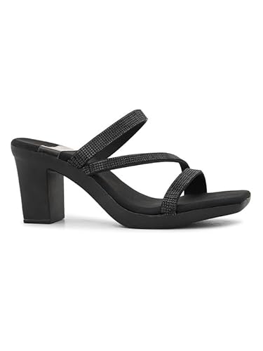 XE Looks Black Women's Fashion Sandals | Faux Leather Soft and Trendy SlipOn Block Heel | Casula & Wedding Occasion | For Women & Girls