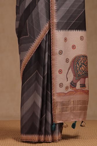 Soch Womens Charcoal Tussar Chevron Saree