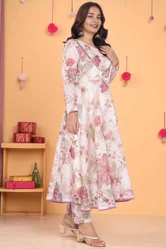 W for Woman Ecru Printed Chanderi Flared Kurta, Straight Pant and Dupatta Set (Size: XL)-WS12929-125978
