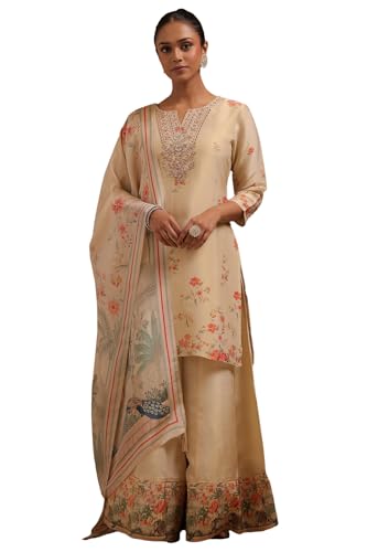 Soch Womens Beige Tissue Floral Print Suit Set With Zari