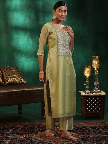 Libas Womens Yoke Design Silk Blend Straight Kurta With Trousers and Dupatta