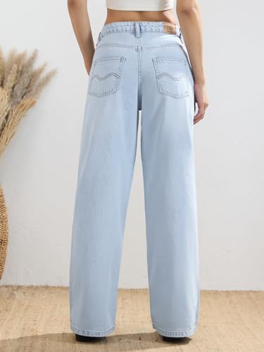 The Souled Store Wide-Leg Denim: Frosted Blue Eyelet Accent Women and Girls Button Closure Light Blue Washed Solid Cotton Denim Wide Leg Fit Everyday Denim Jeans
